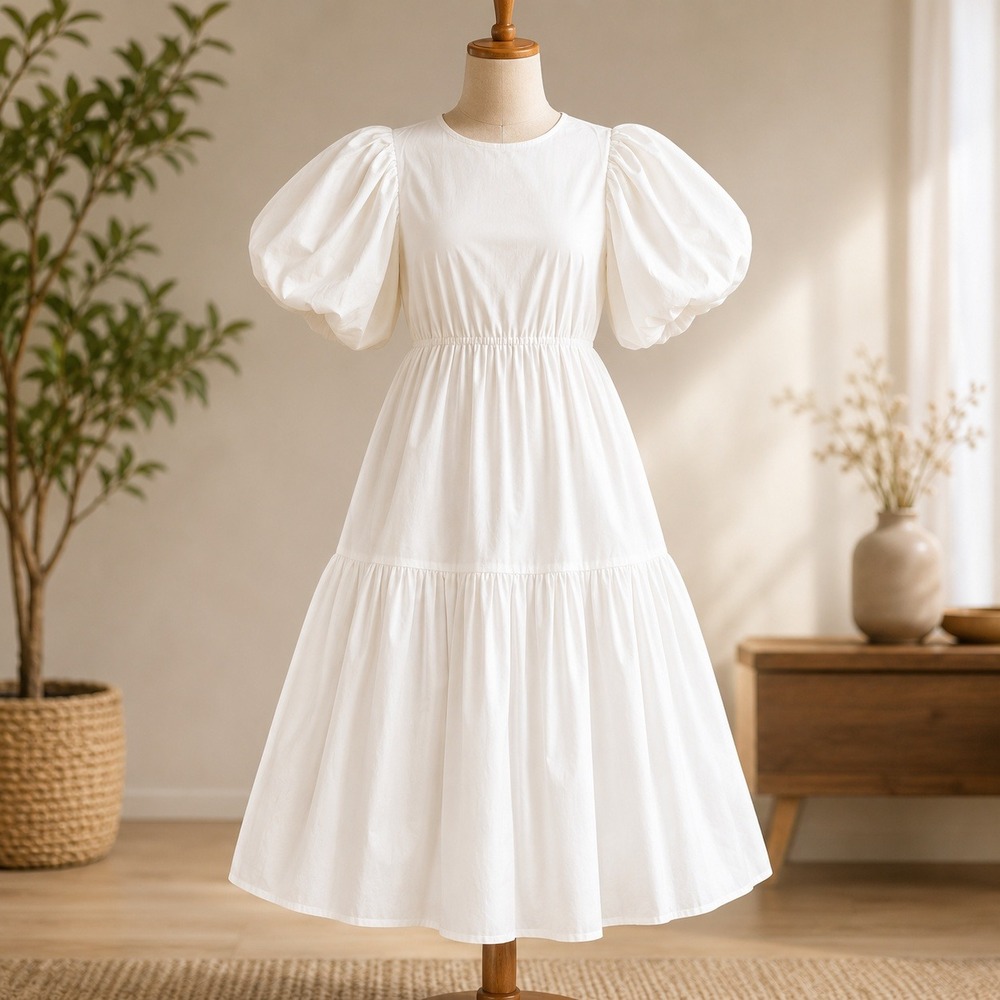 Love‎ X Design White Tiered Maxi Dress Puff Sleeve Ribbed Knit Cotton Mix Large